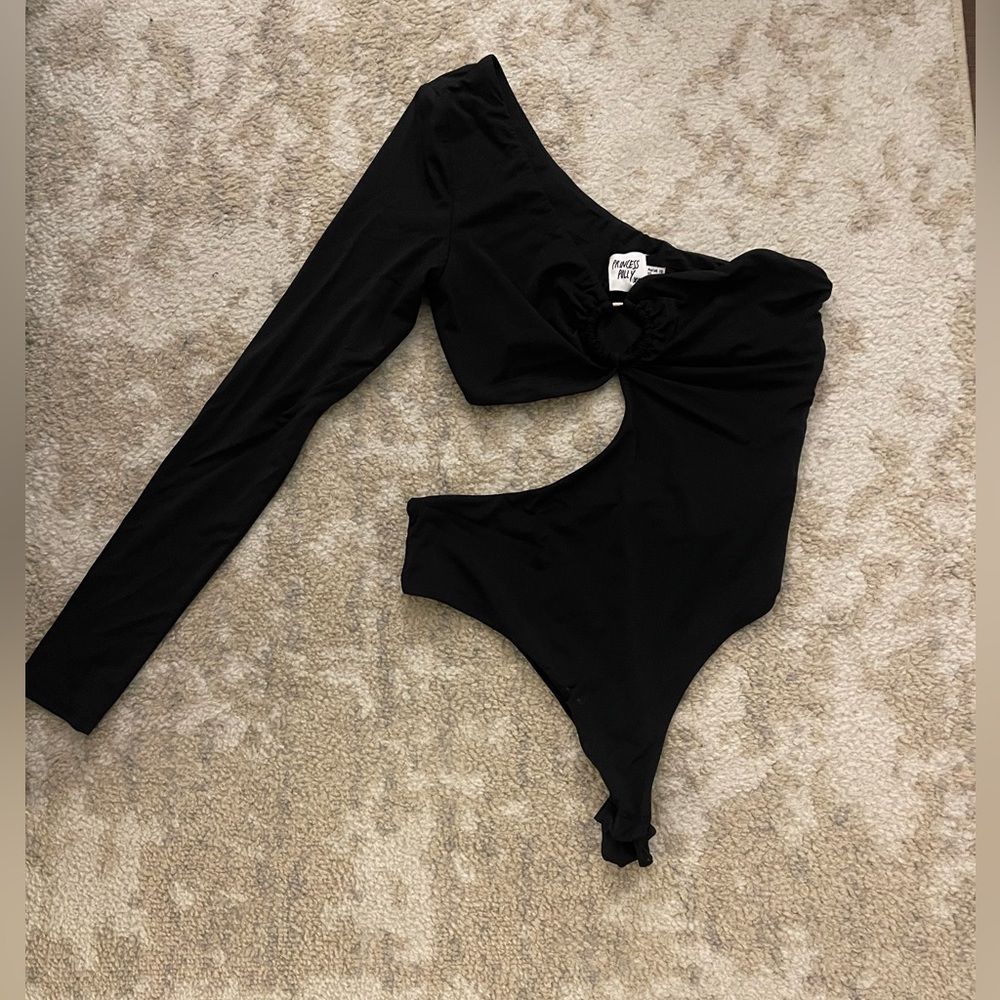 One Shoulder Long sleeve Bodysuit with Side Cutout and Metal Detailing